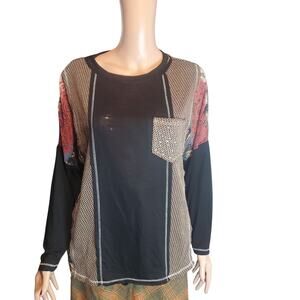 Vocal USA Size S Color block Patchwork Rhinestone Pocket Blouse Grunge Boho